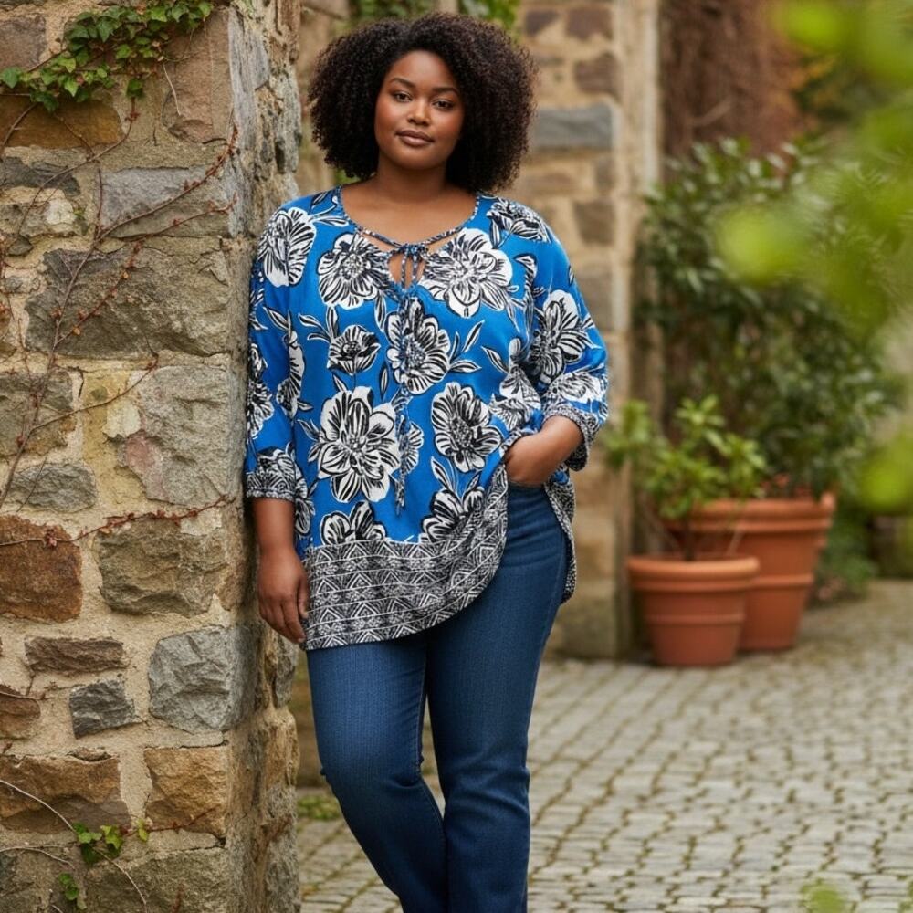 Ruby Rd. Blue White Floral Asymmetrical Tunic Blouse Women's Plus Size 3X